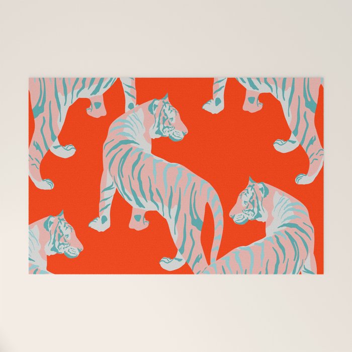 Exotic Pink Tigers on Bold Orange Animal Pattern Welcome Mat Gallery Image 1