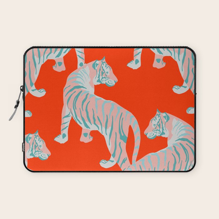 Exotic Pink Tigers on Bold Orange Animal Pattern Laptop Sleeve Gallery Image 1