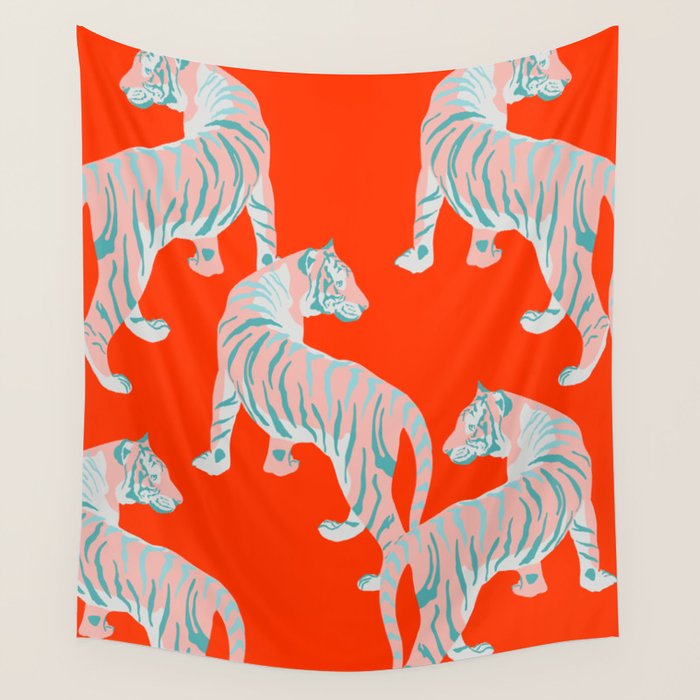 Exotic Pink Tigers on Bold Orange Animal Pattern Wall Tapestry Gallery Image 4