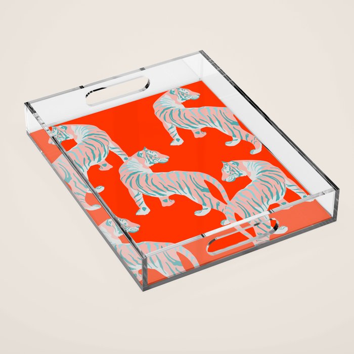 Exotic Pink Tigers on Bold Orange Animal Pattern Acrylic Tray Gallery Image 1