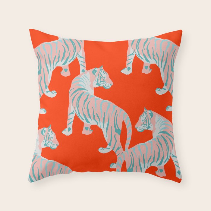 Exotic Pink Tigers on Bold Orange Animal Pattern Throw Pillow Gallery Image 6