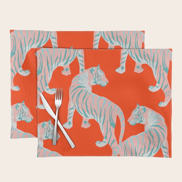 Exotic Pink Tigers on Bold Orange Animal Pattern Placemat Gallery Image 1