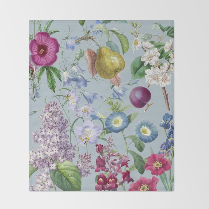 Summer Fruits Botanical Illustration Collage In Blue  Throw Blanket Gallery Image 2