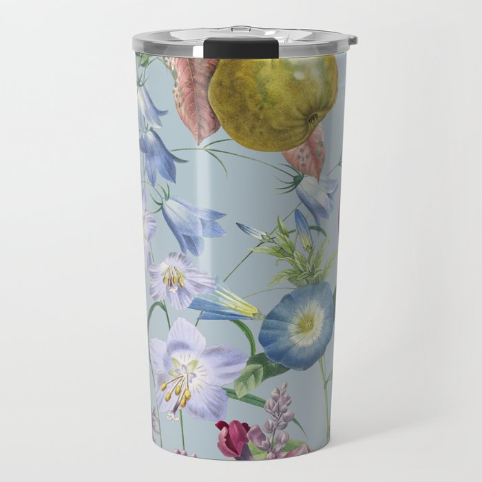 Summer Fruits Botanical Illustration Collage In Blue  Travel Mug Gallery Image 1