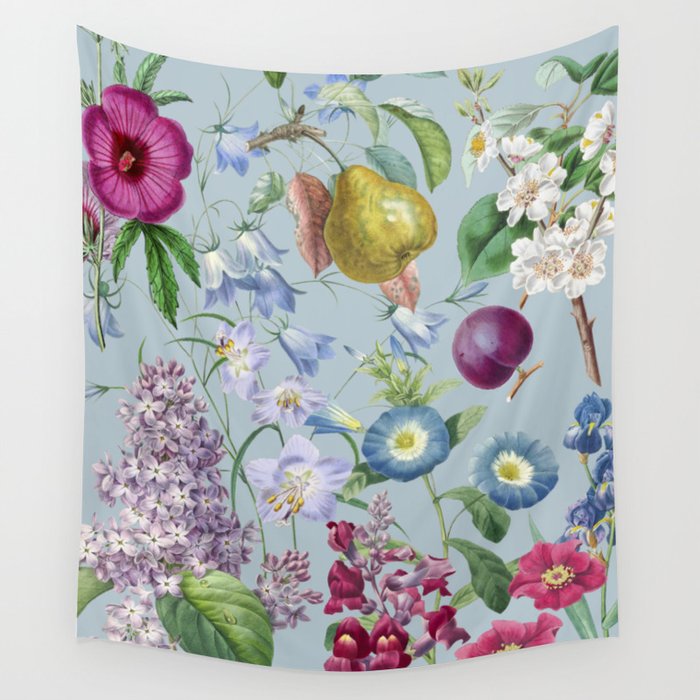 Summer Fruits Botanical Illustration Collage In Blue  Wall Tapestry Gallery Image 4