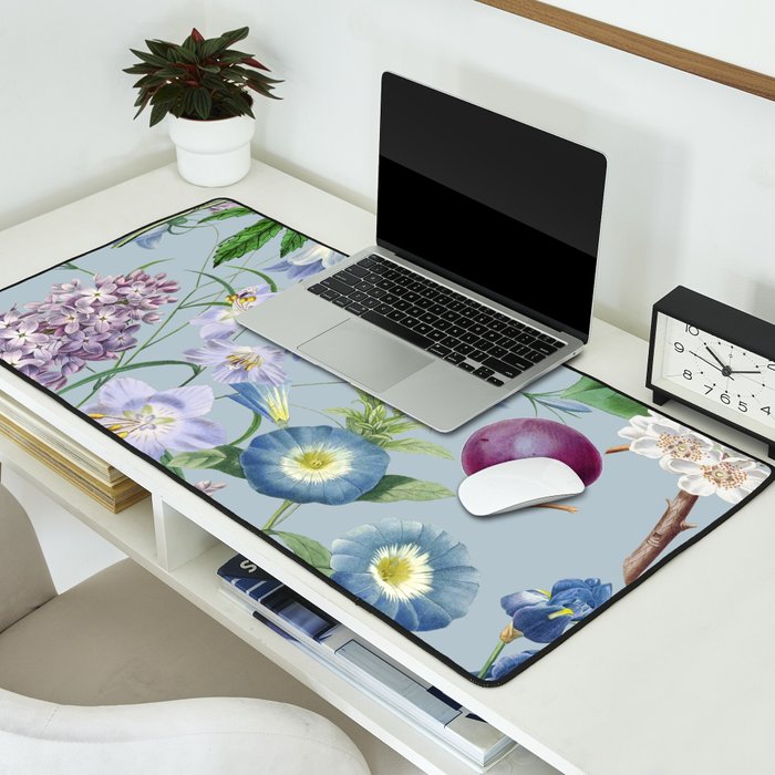 Summer Fruits Botanical Illustration Collage In Blue  Desk Mat Gallery Image 2