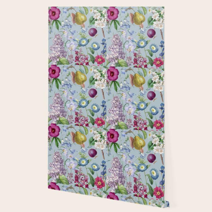 Summer Fruits Botanical Illustration Collage In Blue  Wallpaper Gallery Image 2