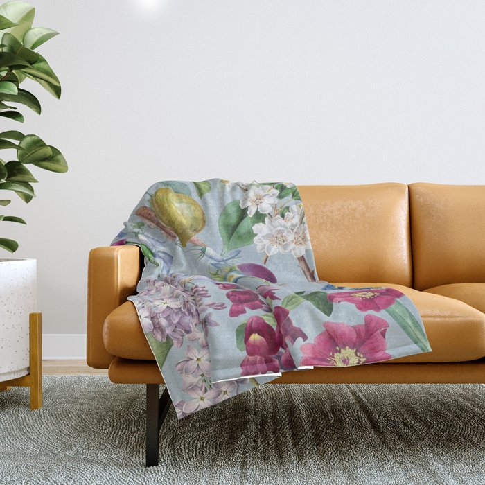 Summer Fruits Botanical Illustration Collage In Blue  Throw Blanket Gallery Image 1