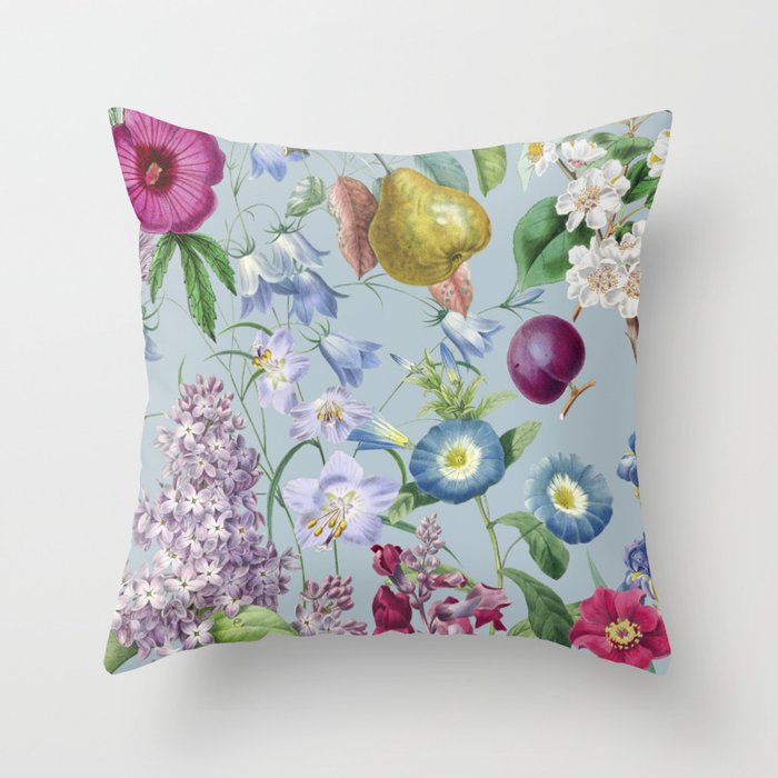Summer Fruits Botanical Illustration Collage In Blue  Throw Pillow Gallery Image 1