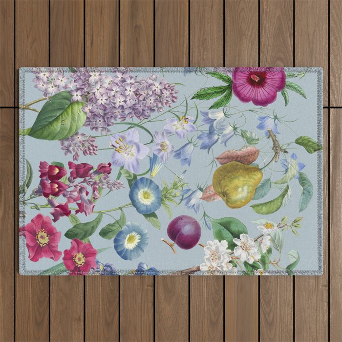 Summer Fruits Botanical Illustration Collage In Blue  Outdoor Rug Gallery Image 1