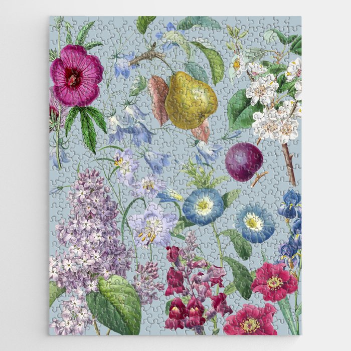 Summer Fruits Botanical Illustration Collage In Blue  Jigsaw Puzzle Gallery Image 1
