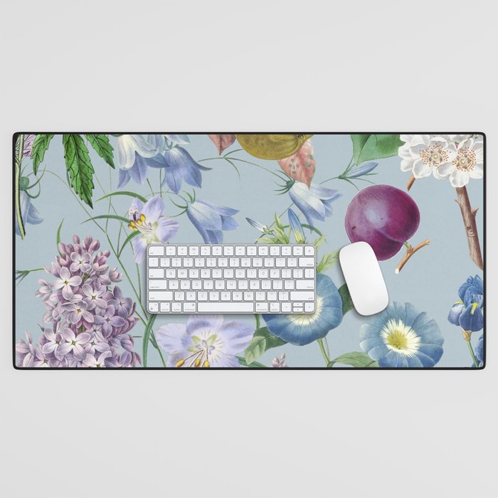 Summer Fruits Botanical Illustration Collage In Blue  Desk Mat Gallery Image 1