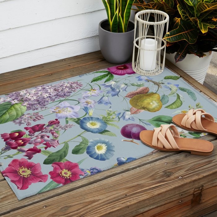 Summer Fruits Botanical Illustration Collage In Blue  Outdoor Rug Gallery Image 2