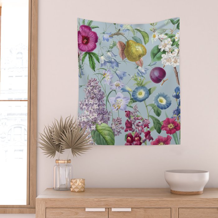 Summer Fruits Botanical Illustration Collage In Blue  Wall Tapestry Gallery Image 2