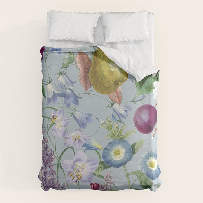Summer Fruits Botanical Illustration Collage In Blue  Duvet Cover Gallery Image 6