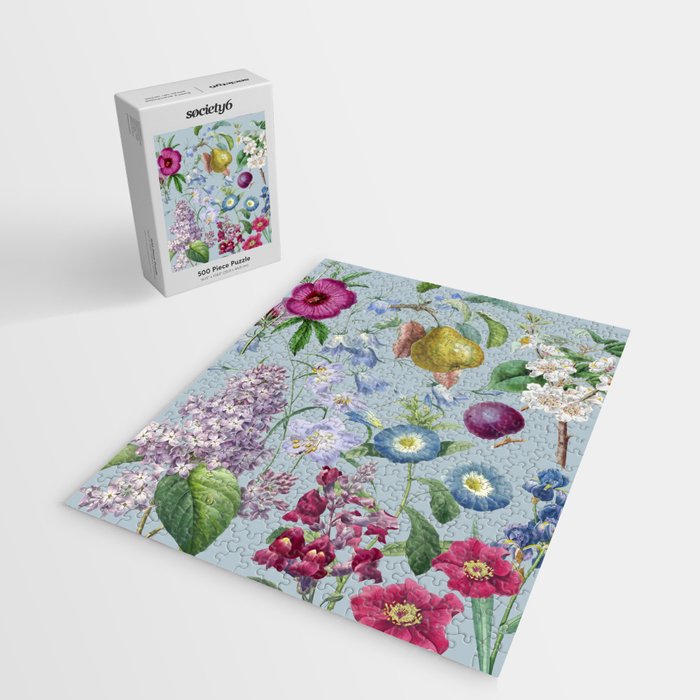 Summer Fruits Botanical Illustration Collage In Blue  Jigsaw Puzzle Gallery Image 2