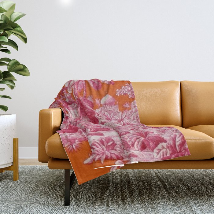 Toile de Jouy - pink and orange Throw Blanket Gallery Image 1