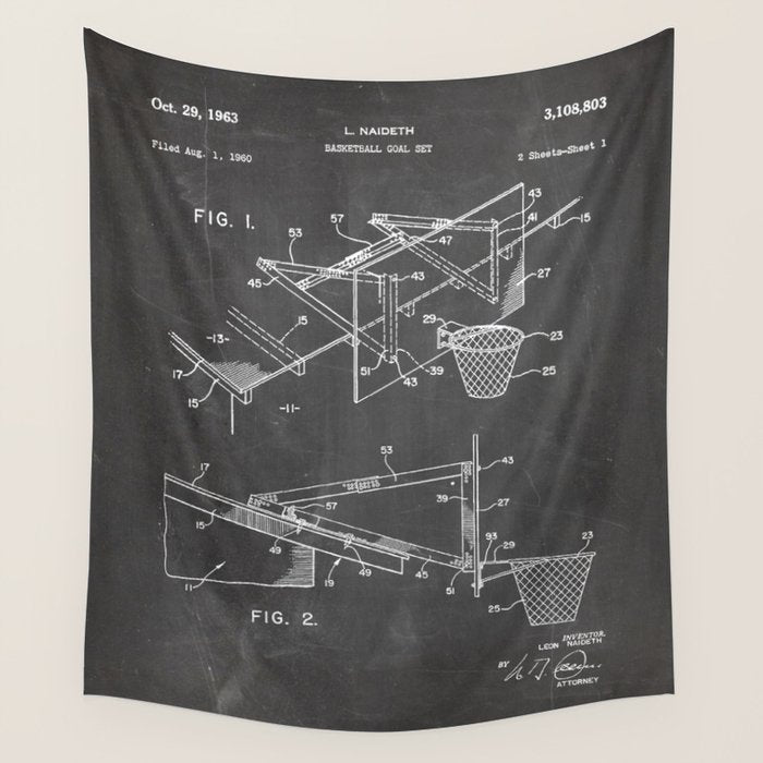 Basketball Patent - Basketball Player Coach Team Art - Black Chalkboard Wall Tapestry Gallery Image 4