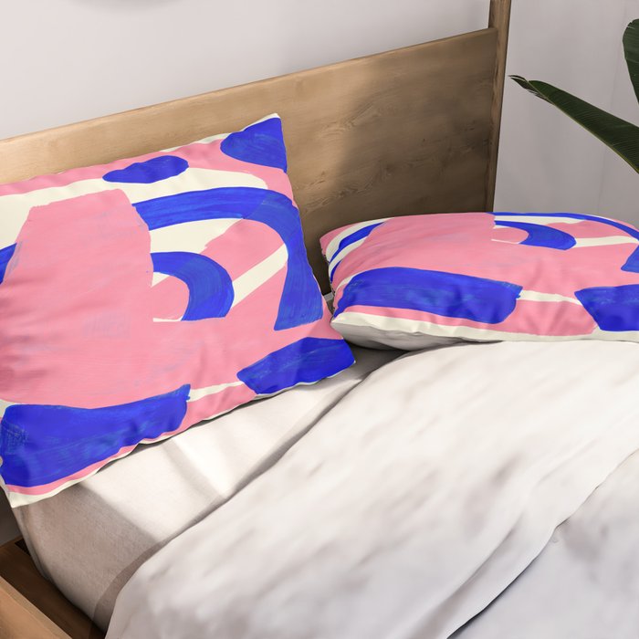 Blue Pink Fun Colorful Mid Century Modern Abstract Painting Shapes Pattern Pillow Sham Gallery Image 2