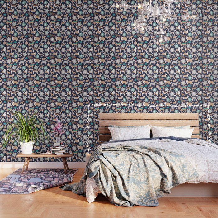 Catching ice and sweetness // navy blue background gingerbread white brown grey and dogs and snowflakes turquoise details Wallpaper Gallery Image 1