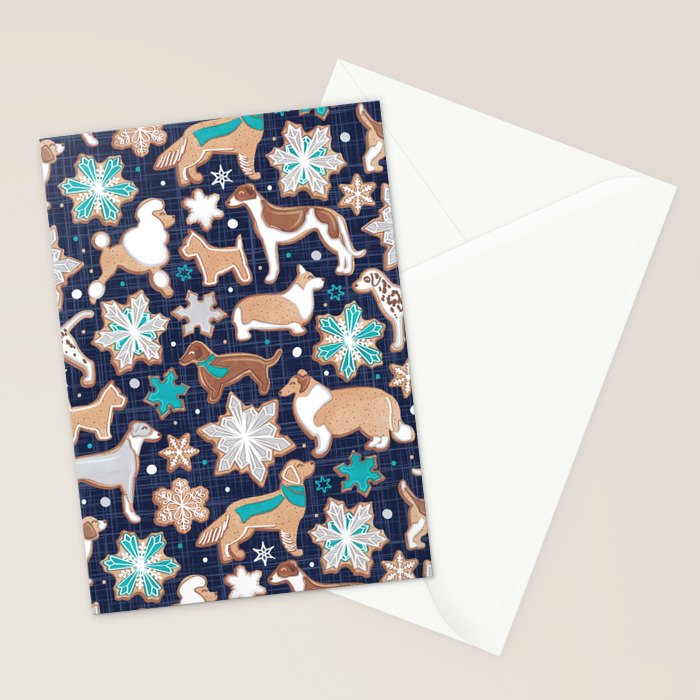 Catching ice and sweetness // navy blue background gingerbread white brown grey and dogs and snowflakes turquoise details Stationery Card Gallery Image 2