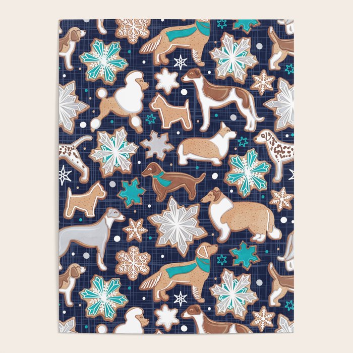 Catching ice and sweetness // navy blue background gingerbread white brown grey and dogs and snowflakes turquoise details Poster Gallery Image 4
