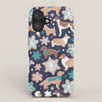 Catching ice and sweetness // navy blue background gingerbread white brown grey and dogs and snowflakes turquoise details iPhone Case Gallery Image 1