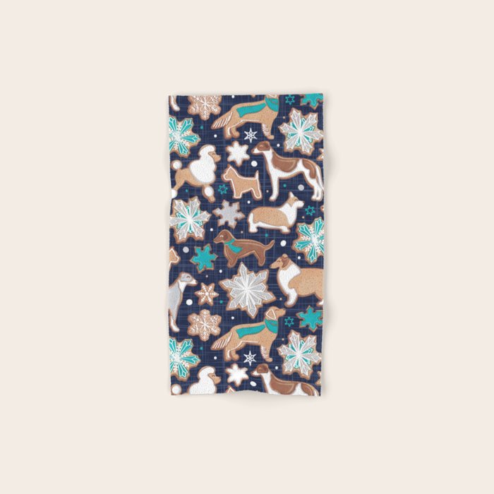Catching ice and sweetness // navy blue background gingerbread white brown grey and dogs and snowflakes turquoise details Bath Towel Gallery Image 1