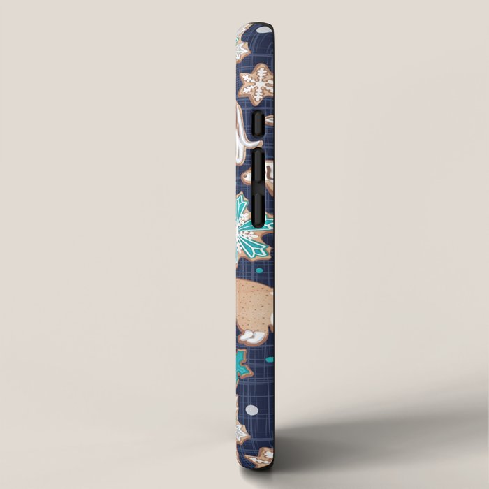 Catching ice and sweetness // navy blue background gingerbread white brown grey and dogs and snowflakes turquoise details iPhone Case Gallery Image 2
