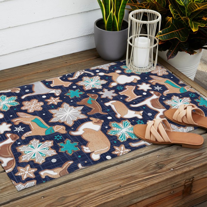 Catching ice and sweetness // navy blue background gingerbread white brown grey and dogs and snowflakes turquoise details Outdoor Rug Gallery Image 2