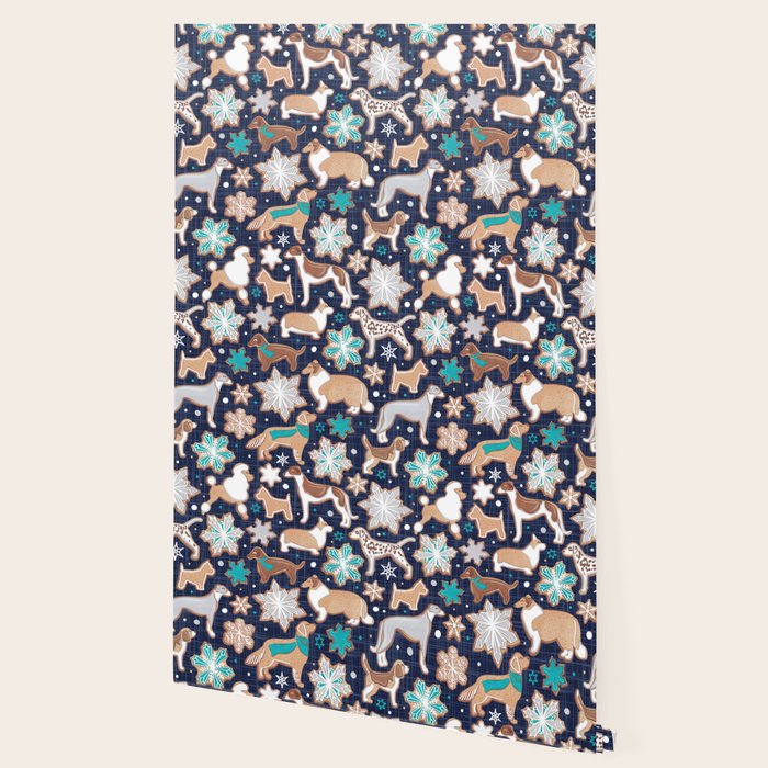 Catching ice and sweetness // navy blue background gingerbread white brown grey and dogs and snowflakes turquoise details Wallpaper Gallery Image 2