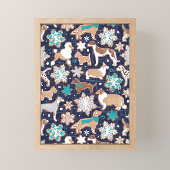 Catching ice and sweetness // navy blue background gingerbread white brown grey and dogs and snowflakes turquoise details Mini Art Print Gallery Image 1