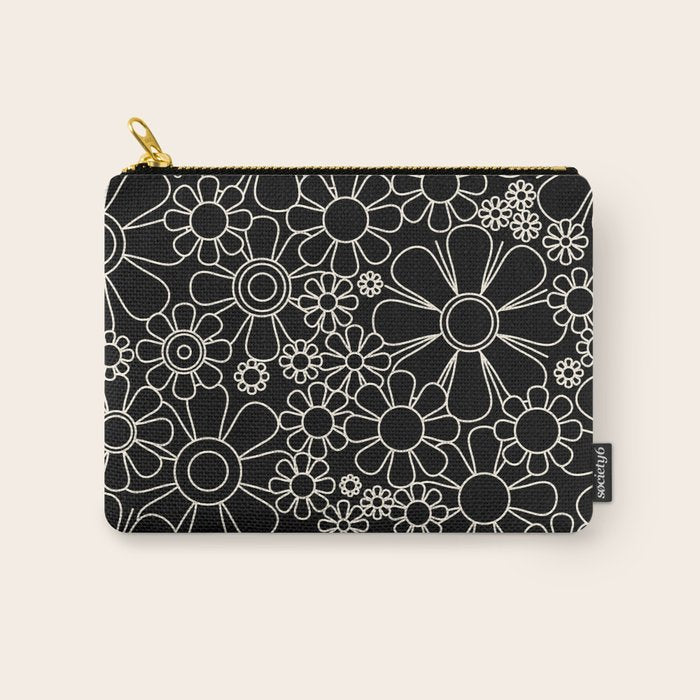 Retro Garden Flowers Contemporary Modern Black and Cream Minimalist Pattern Carry All Pouch Gallery Image 1