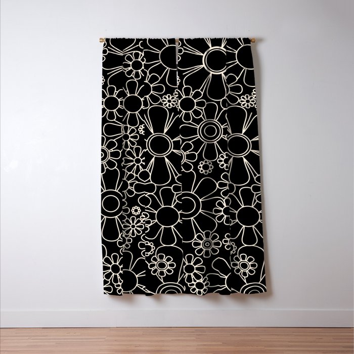 Retro Garden Flowers Contemporary Modern Black and Cream Minimalist Pattern Window Curtain Gallery Image 3