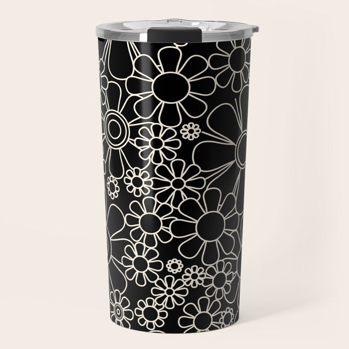 Retro Garden Flowers Contemporary Modern Black and Cream Minimalist Pattern Travel Mug Gallery Image 1