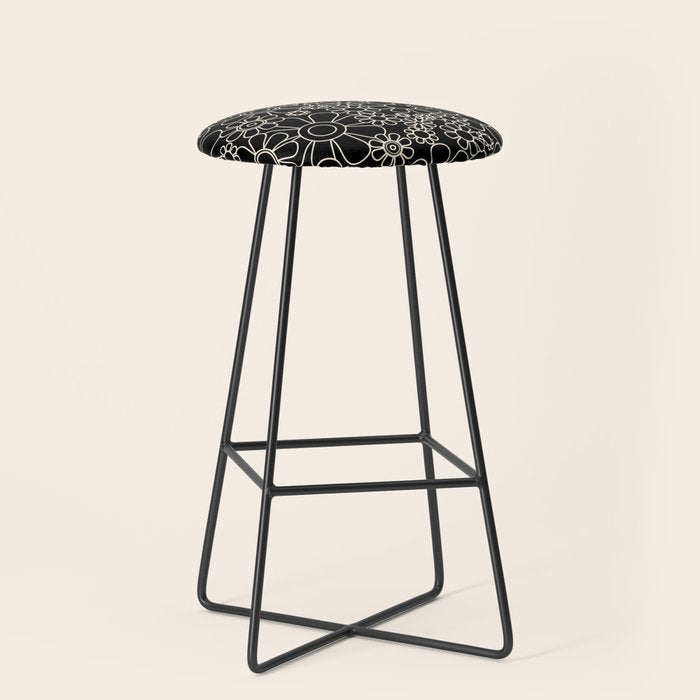 Retro Garden Flowers Contemporary Modern Black and Cream Minimalist Pattern Stool Gallery Image 1