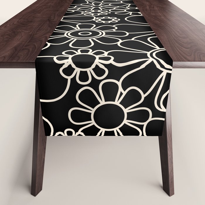 Retro Garden Flowers Contemporary Modern Black and Cream Minimalist Pattern Table Runner Gallery Image 1