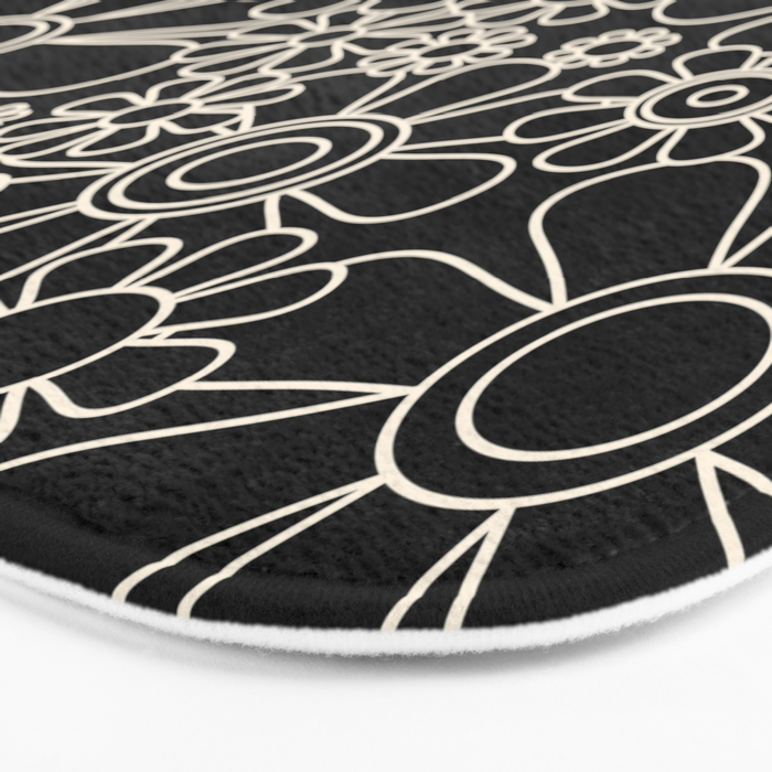 Retro Garden Flowers Contemporary Modern Black and Cream Minimalist Pattern Bath Mat Gallery Image 3