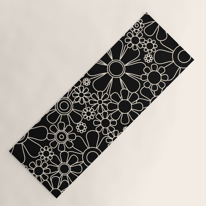 Retro Garden Flowers Contemporary Modern Black and Cream Minimalist Pattern Yoga Mat Gallery Image 1