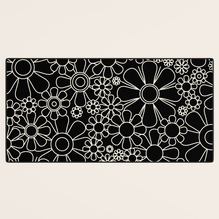 Retro Garden Flowers Contemporary Modern Black and Cream Minimalist Pattern Desk Mat Gallery Image 3