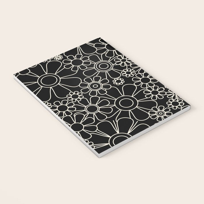 Retro Garden Flowers Contemporary Modern Black and Cream Minimalist Pattern Notebook Gallery Image 3