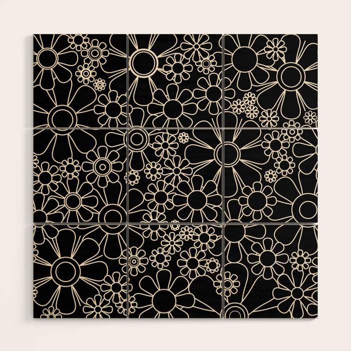 Retro Garden Flowers Contemporary Modern Black and Cream Minimalist Pattern Wood Wall Art Gallery Image 1
