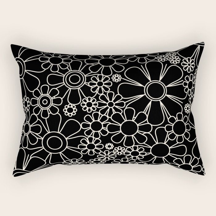 Retro Garden Flowers Contemporary Modern Black and Cream Minimalist Pattern Rectangular Pillow Gallery Image 1