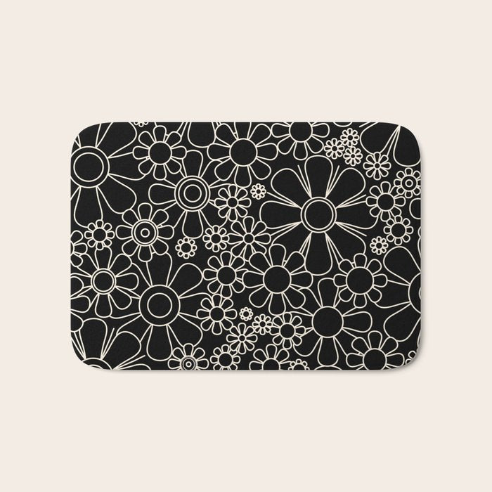 Retro Garden Flowers Contemporary Modern Black and Cream Minimalist Pattern Bath Mat Gallery Image 1