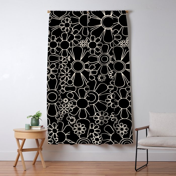 Retro Garden Flowers Contemporary Modern Black and Cream Minimalist Pattern Window Curtain Gallery Image 1