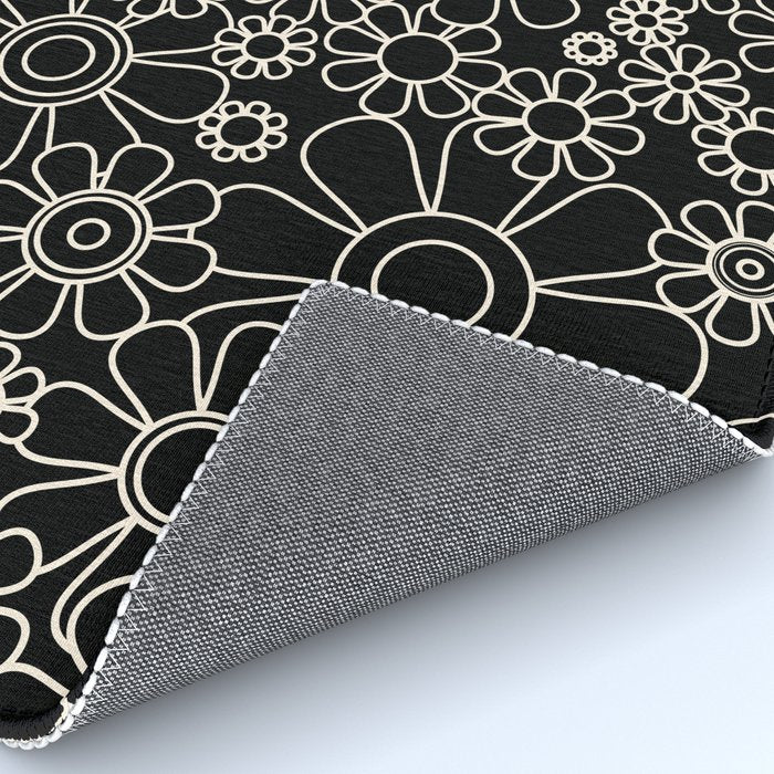 Retro Garden Flowers Contemporary Modern Black and Cream Minimalist Pattern Rug Gallery Image 4