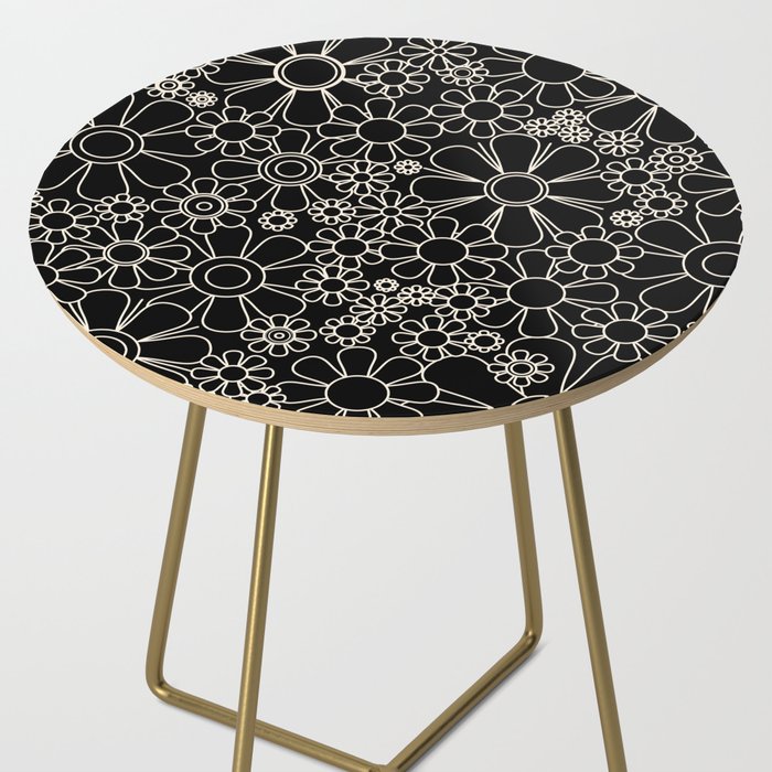 Retro Garden Flowers Contemporary Modern Black and Cream Minimalist Pattern Side Table Gallery Image 2