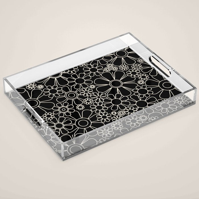 Retro Garden Flowers Contemporary Modern Black and Cream Minimalist Pattern Acrylic Tray Gallery Image 1
