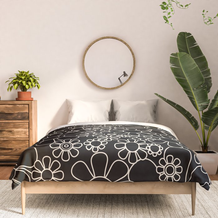 Retro Garden Flowers Contemporary Modern Black and Cream Minimalist Pattern Comforter Gallery Image 3