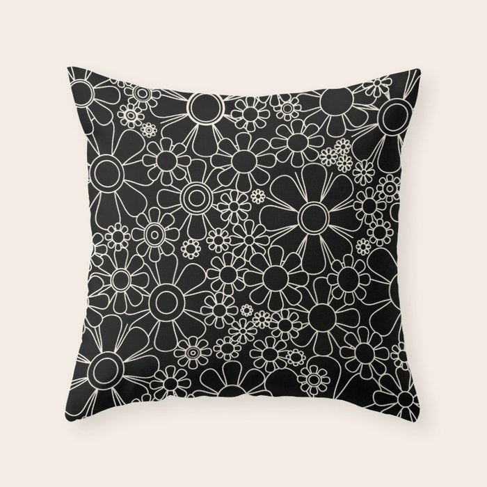 Retro Garden Flowers Contemporary Modern Black and Cream Minimalist Pattern Throw Pillow Gallery Image 6